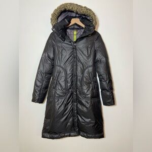 Soia Kyo Coat Womens XS Black Raccoon Fur Trim Hood Down Puffer Parka Long